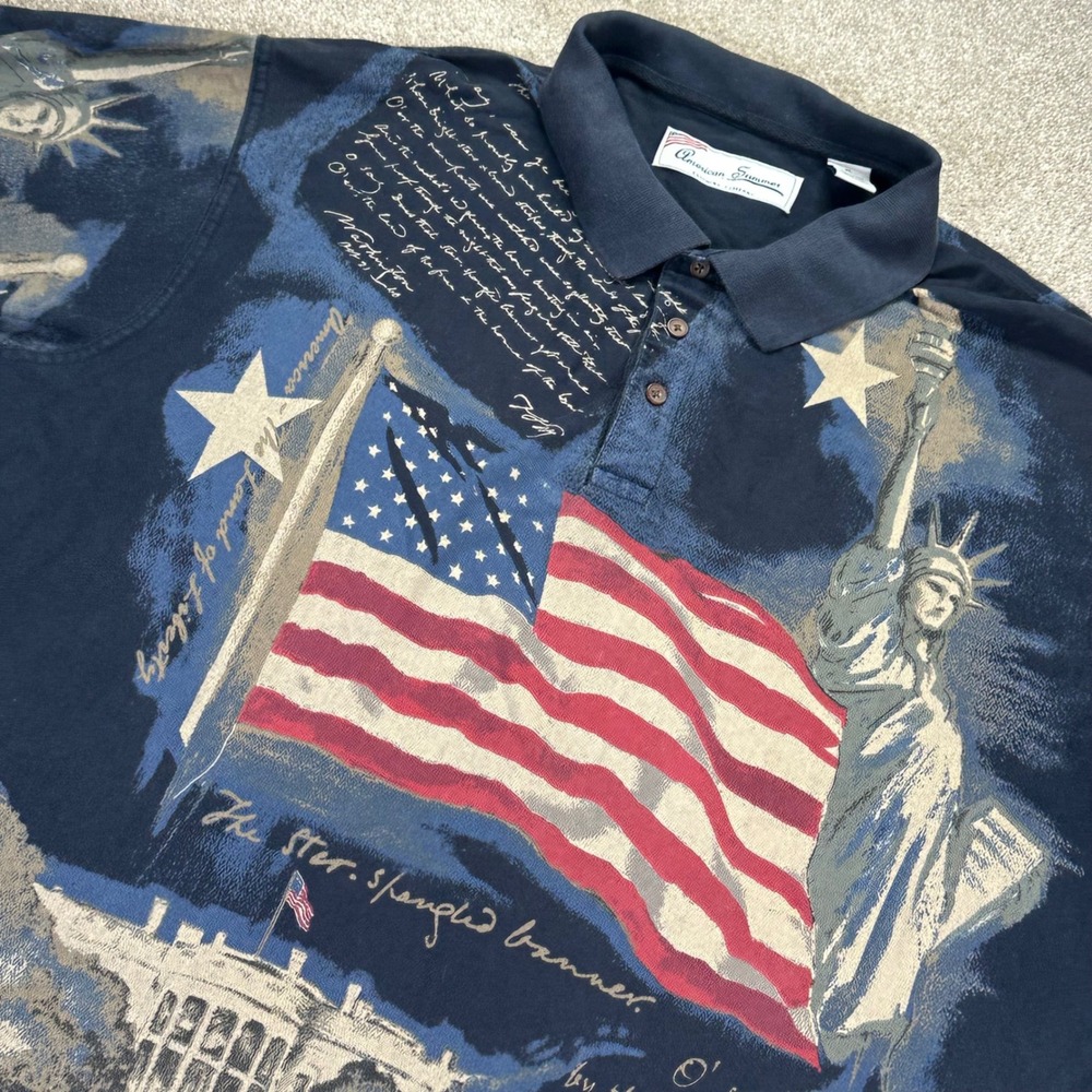 American Summer Mens XL Polo Shirt Navy Blue Patriotic USA Flag Americana Core